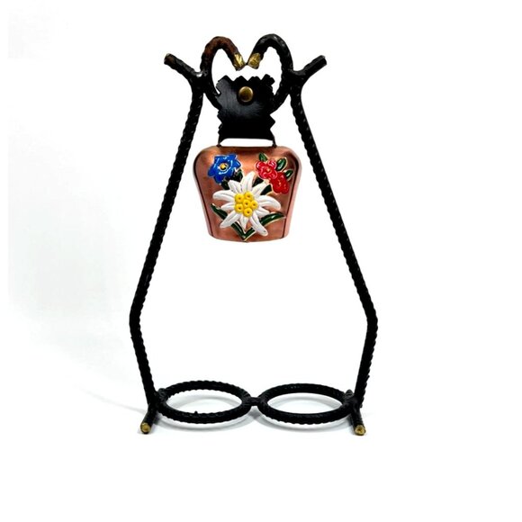 Vintage Swiss Cow Bell Floral Design Iron Stand for Shot Glasses - Picture 1 of 7